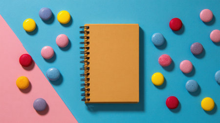 A vibrant and cheerful flat lay featuring a spiral notebook surrounded by colorful macarons on a bright pastel background, perfect for creative planning.の素材