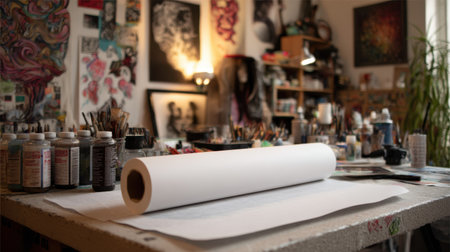 A vibrant artist workspace featuring an unrolled blank paper, surrounded by various paints and brushes, capturing the essence of creativity and inspiration.の素材