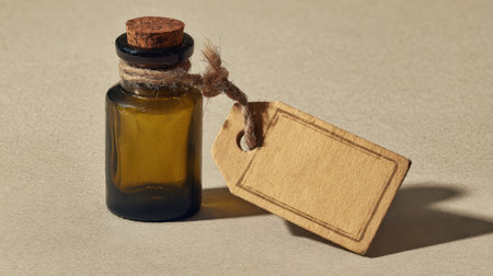 This image features a small glass bottle with a cork lid and a blank tag, perfect for showcasing products or branding ideas in a rustic setting.の素材