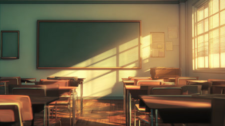 A peaceful classroom interior featuring rows of empty desks and chairs illuminated by sunlight streaming through large windows onto the wooden floor.の素材