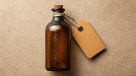This vintage glass bottle features a rich brown color and a rustic cork top, accompanied by a blank tag for personalized labeling or decorative flair.の素材