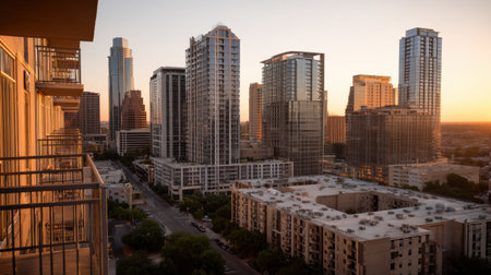 Capturing a stunning urban skyline at sunset, this image showcases high-rise buildings and an inviting cityscape in Austin, Texas, during golden hour.の素材