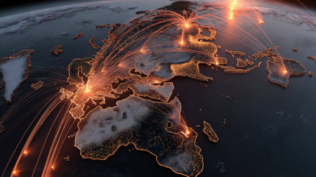 This image showcases a glowing network of connections across continents, highlighting the importance of global communication and transportation in the modern world.の素材