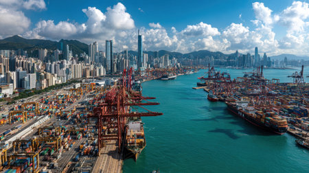 This stunning aerial image captures the bustling harbor of Hong Kong, showcasing colorful shipping containers, towering skyscrapers, and vibrant activity along a beautiful waterfront.の素材
