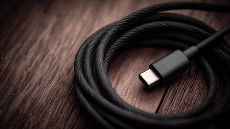 A close-up view of a coiled black USB-C charging cable resting on a dark wooden surface, showcasing its sleek design and modern aesthetic ideal for technology content.の素材