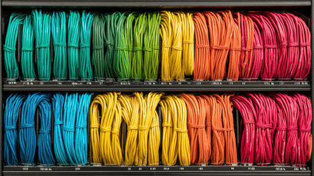 A vibrant display of colorful spools of wires arranged neatly in rows, ideal for various electrical projects, crafting, and design inspirations.の素材