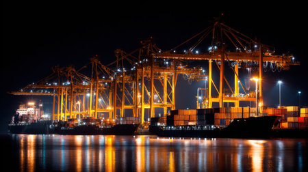 A stunning nighttime view of a busy port featuring illuminated cranes, cargo ships, and colorful containers reflecting on the water, highlighting industry activity.の素材