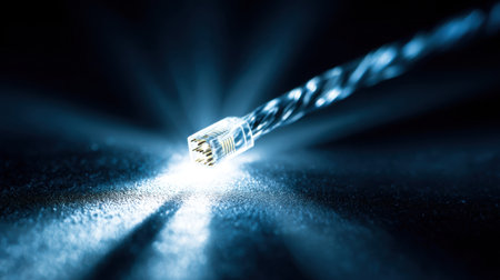 This close-up image features a glowing ethernet cable that emits light, creating an intriguing burst effect against a dark background. Perfect for technology themes.の素材