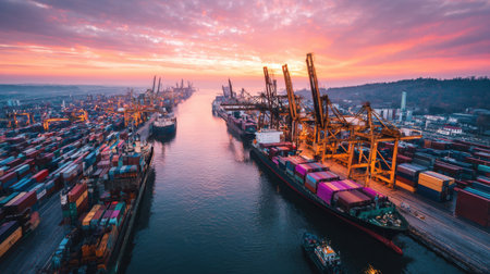 A breathtaking aerial view of a bustling harbor during sunset, showcasing cargo ships and cranes against a colorful sky, ideal for themes of industry and commerce.の素材
