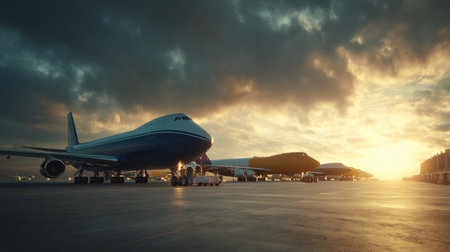 A stunning scene featuring aircraft parked on the tarmac during sunset. The vibrant colors in the sky contrast beautifully with the silhouettes of the planes, creating a captivating aviation atmosphere.の素材