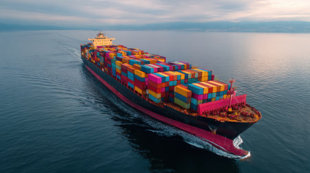 Array Container Ship A large container ship navigates the calm ocean waters during sunset ...