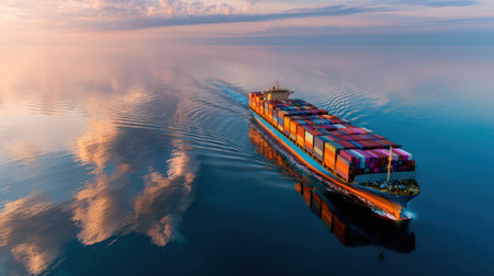 A breathtaking aerial shot of a container ship gliding smoothly over calm ocean waters during sunset. Colorful reflections enhance the serene atmosphere.の素材