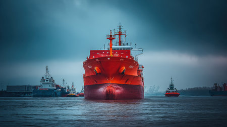 A striking large red cargo ship navigates through dark waters, flanked by tugboats, showcasing maritime industry amid a moody atmosphere filled with drama.の素材
