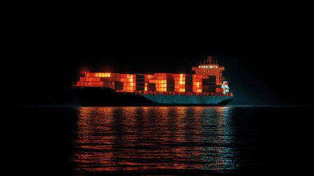 A striking image of a container ship illuminated against the night sky, casting reflections on serene water, symbolizing global trade and maritime activity.の素材