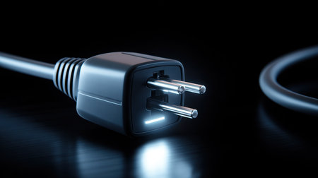 This image features a detailed close-up of a black electric plug with a glowing illumination effect against a dark background, representing technology and energy.の素材