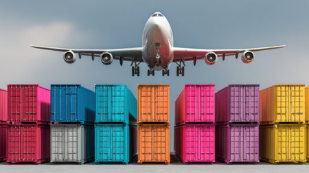 An impressive cargo plane flies over a vibrant array of shipping containers, showcasing the synergy of air transport and colorful logistics against a moody sky.の素材