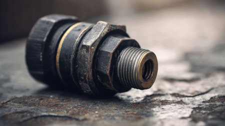 A detailed close-up image of a weathered metal connector resting on a rusty surface, showcasing intricate textures and patina effects common in industrial environments.の素材