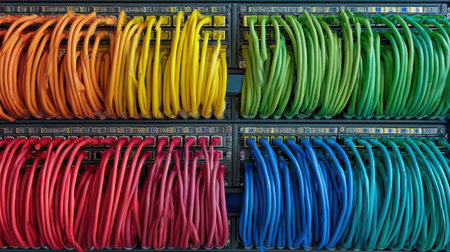 A vibrant arrangement of Ethernet cables in various colors showcases organization and efficiency in a data center, crucial for optimal connectivity.の素材
