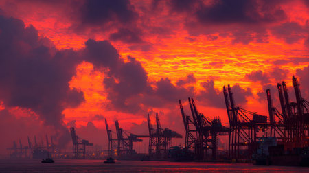 A breathtaking sunset view over an industrial port with cranes silhouetted against a colorful sky filled with dramatic clouds, reflecting on calm waters.の素材