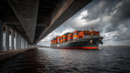 A stunning view of a large container ship transporting cargo beneath a sturdy bridge, with dramatic clouds reflecting on the water's surface.の素材