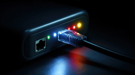 This image shows a network router with illuminated LED indicators and an Ethernet cable, highlighting modern technology in a dark environment.の素材