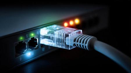 Close-up image of an ethernet cable plugged into a network switch, showcasing glowing LED indicators that signal data activity and connectivity status.の素材