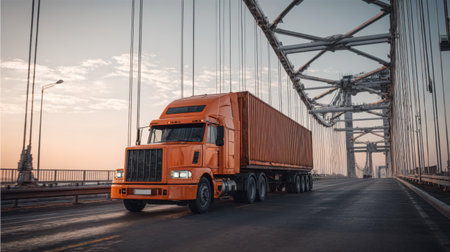 An orange truck carrying a large container crosses a bridge at sunset, showcasing urban infrastructure and transport dynamics in an industrial setting.の素材