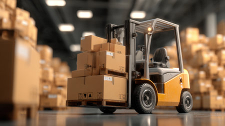 A vibrant image of a forklift carefully transporting boxes in a spacious warehouse environment, showcasing efficient logistics and industrial storage practices.の素材