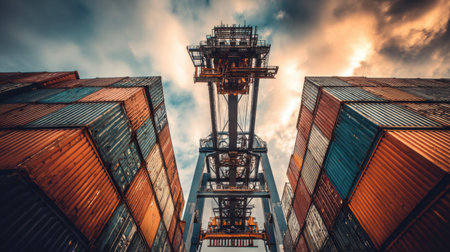 A striking view of a towering crane above vibrant shipping containers, showcasing the dynamic nature of port operations against a stunning sky.の素材