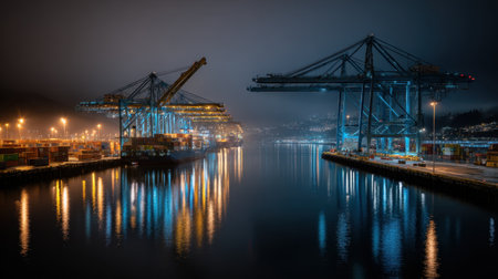 A tranquil scene of an industrial harbor at night, featuring towering cranes and colorful shipping containers reflected in calm waters under a foggy sky.の素材