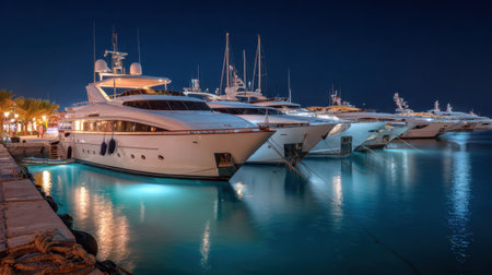 A beautiful scene captures luxurious yachts peacefully docked in a marina at night. The water reflects vibrant city lights, enhancing the tranquil atmosphere.の素材