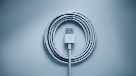 An elegant white USB cable is neatly coiled on a soft light blue surface, showcasing modern technology and simplicity perfect for various applications.の素材