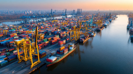 Captivating aerial view of a bustling container port at sunset, showcasing colorful cargo, impressive cranes, and ships navigating the waterway.の素材