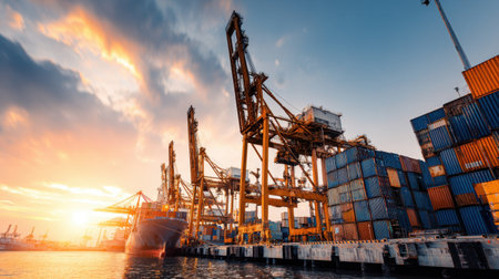 Captivating industrial port scene showcasing towering cranes and colorful containers during a stunning sunset reflected in the water.の素材