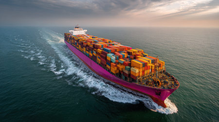 A large cargo ship moves through serene waters, loaded with colorful containers, showcasing the world of maritime logistics and trade.の素材