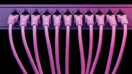 A collection of multiple ethernet cables connected to a network switch, illuminated with vibrant lighting, showcasing modern technology and data connectivity.の素材