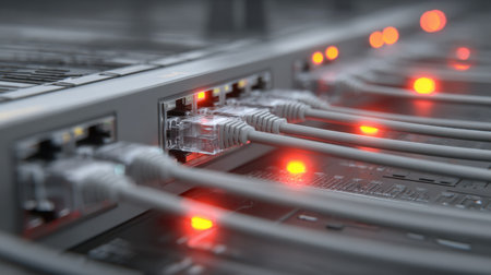 This close-up image showcases a network patch panel filled with Ethernet cables. The illuminated LED indicators signal connectivity and data transfer within the device, highlighting modern technology in communication infrastructure.の素材