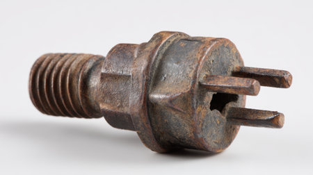 This image features a rusty metal bolt with three prongs, highlighting its industrial character and wear over time against a neutral background.の素材