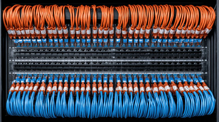This image showcases a well-organized patch panel with vibrant orange and blue network cables in a data center rack, emphasizing efficient IT infrastructure and connectivity.の素材