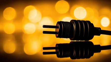 This close-up image showcases an electrical plug against a warm, golden bokeh background, symbolizing energy and technological connectivity. The reflective surface adds depth to the composition.の素材