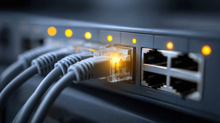 This close-up image showcases a network switch with multiple ethernet cables connected to its ports, illuminated indicators showing data transmission status.の素材