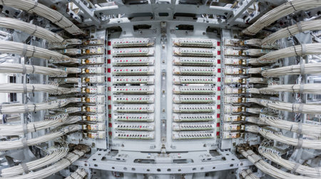 This image showcases a complex panel with numerous wire connections and circuitry. The modern technology environment highlights precise engineering and infrastructure.の素材