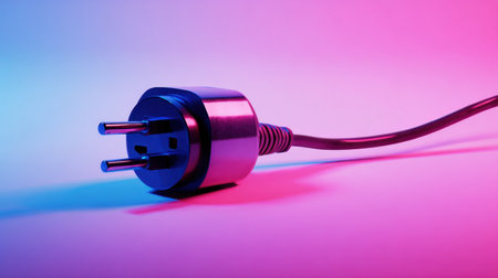 This image showcases a detailed view of a modern electrical plug and cord in vibrant pink and blue neon colors, perfect for technology themes.の素材
