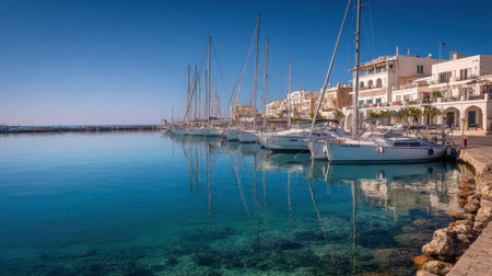 This stunning marina scene captures docked sailboats reflecting in crystal clear waters under a radiant blue sky, evoking feelings of tranquility and adventure.の素材