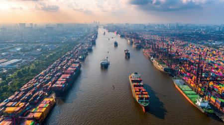 This stunning aerial shot captures the vibrant colors of containers at a busy harbor as cargo ships navigate through the bustling waterways at sunset.の素材