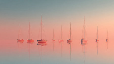 This serene image showcases a fleet of sailboats reflecting beautifully in calm waters during dawn, bathed in soft hues of pink and blue, evoking tranquility.の素材