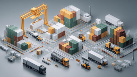 This image showcases an aerial view of a busy shipping port featuring cranes, trucks, and colorful containers. The organized layout highlights the logistics and transportation activities within a modern industrial environment.の素材