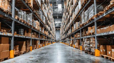 A spacious warehouse interior featuring neatly arranged boxes on sturdy shelves and a well-lit corridor, illustrating efficient storage and organization.の素材