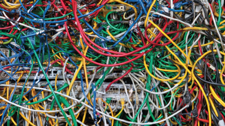 A dense and chaotic image featuring a chaotic arrangement of colorful cables and wires intertwined in a complex network within an electrical system.の素材