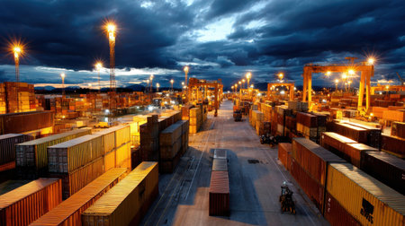 This striking nighttime image showcases a busy port filled with shipping containers. The dramatic clouds and lights create a captivating industrial ambiance.の素材